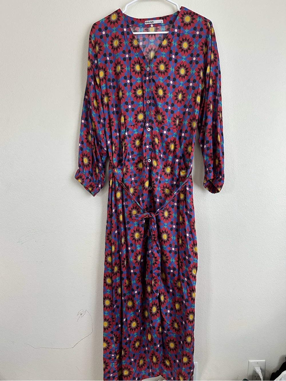 Khaadi Boho Geometric Printed Long Sleeve V-Neck Midi Dress in Multicolor